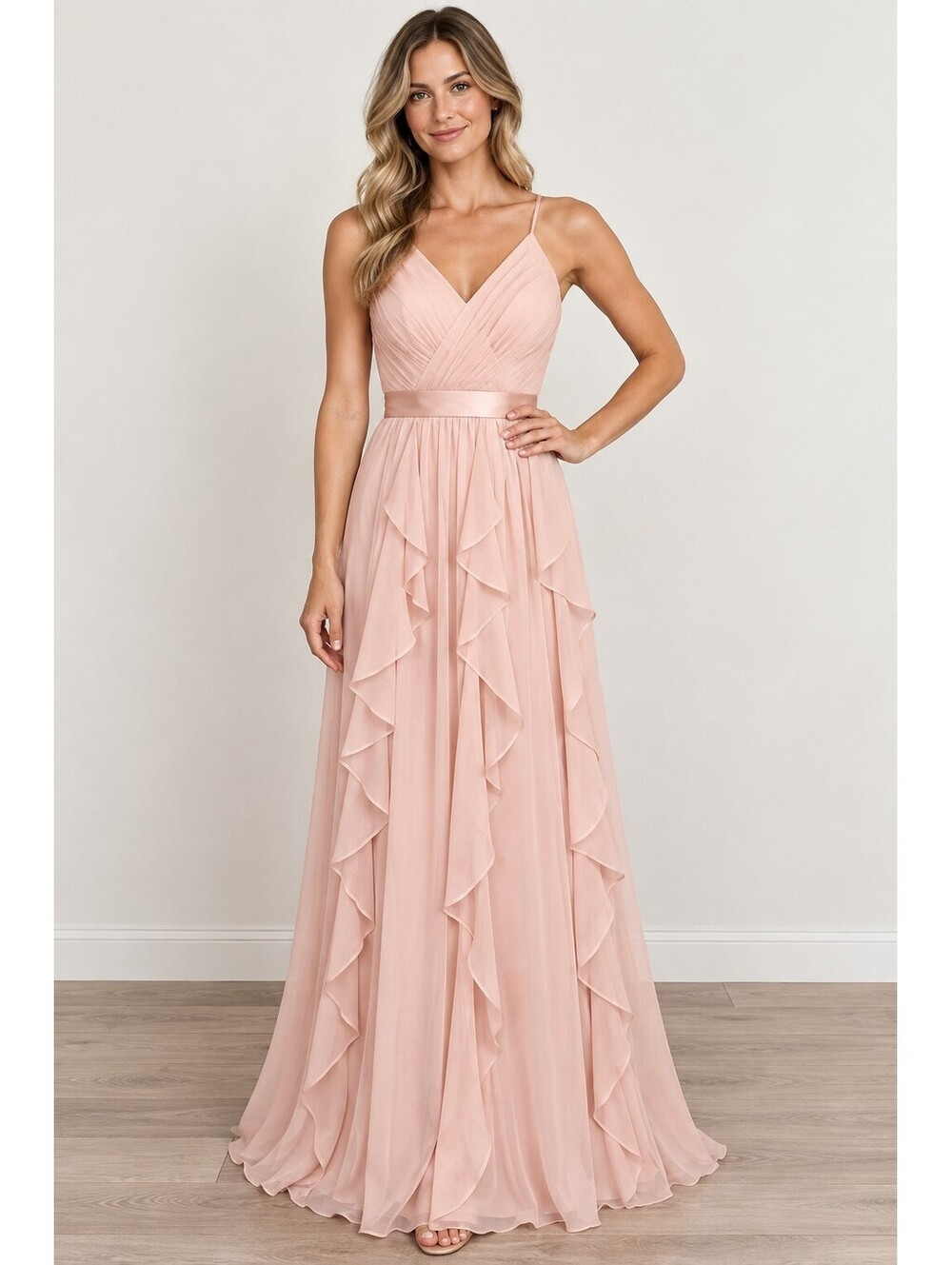 White by Vera Wang David's Bridal Blush Chiffon Halter Ruffle Gown 6 NWT